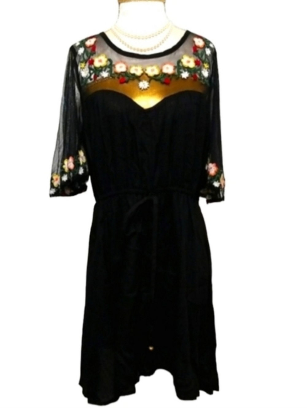 True Destiny Black Floral Embroidered Mesh Yoke Boho Dress NWT